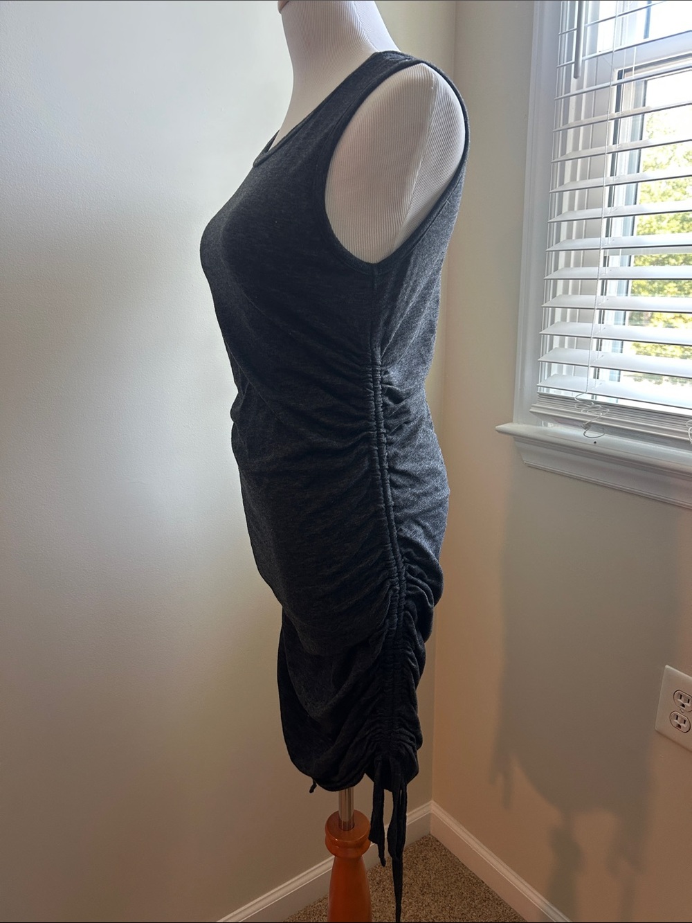 Charcoal Sleeveless Ruched Drawstring Dress - Rushing allows various lengths. - Picture 2 of 3